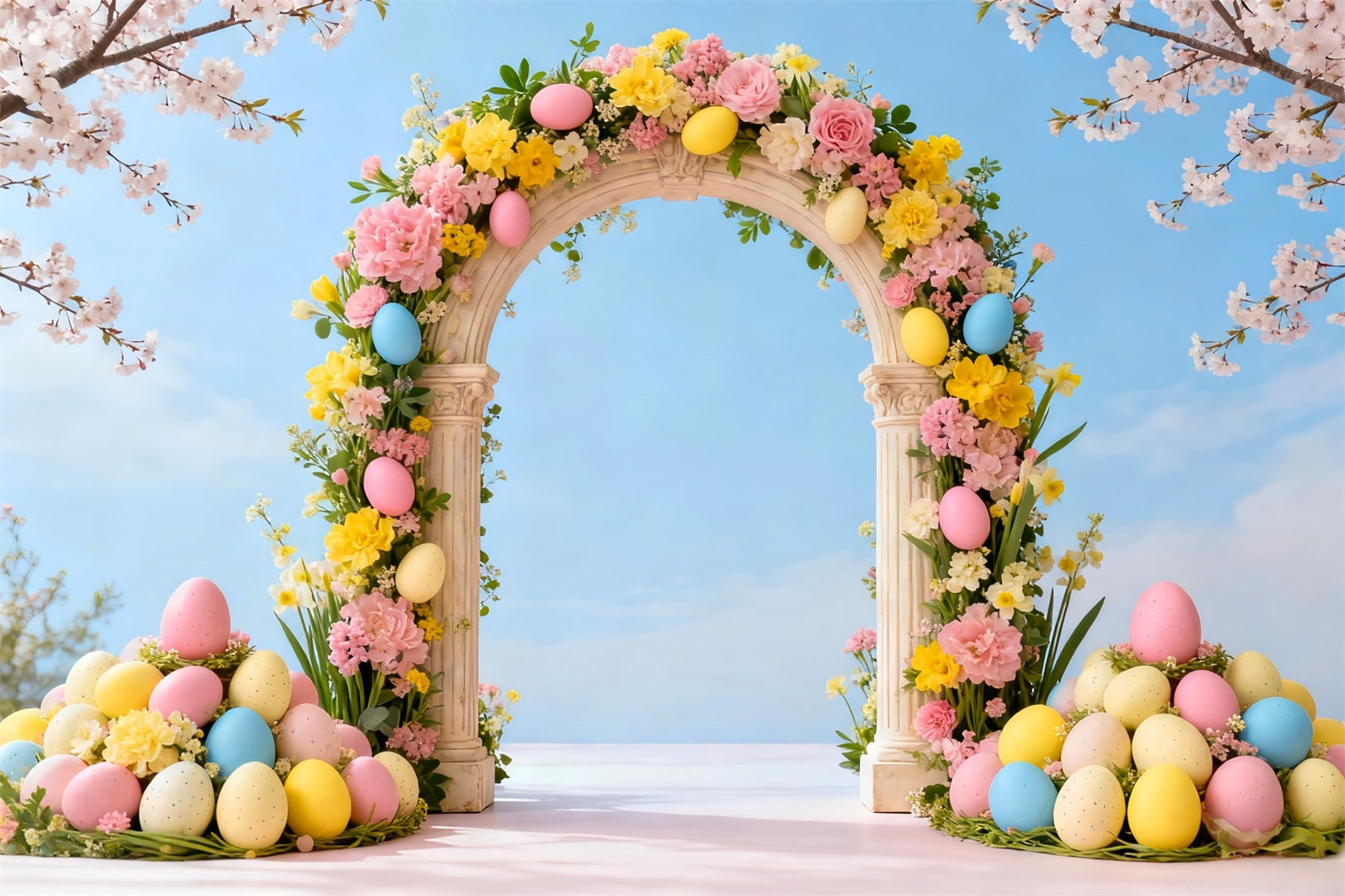 Easter Egg Backdrop Spring Cherry Floral Archway Photography Backdrops