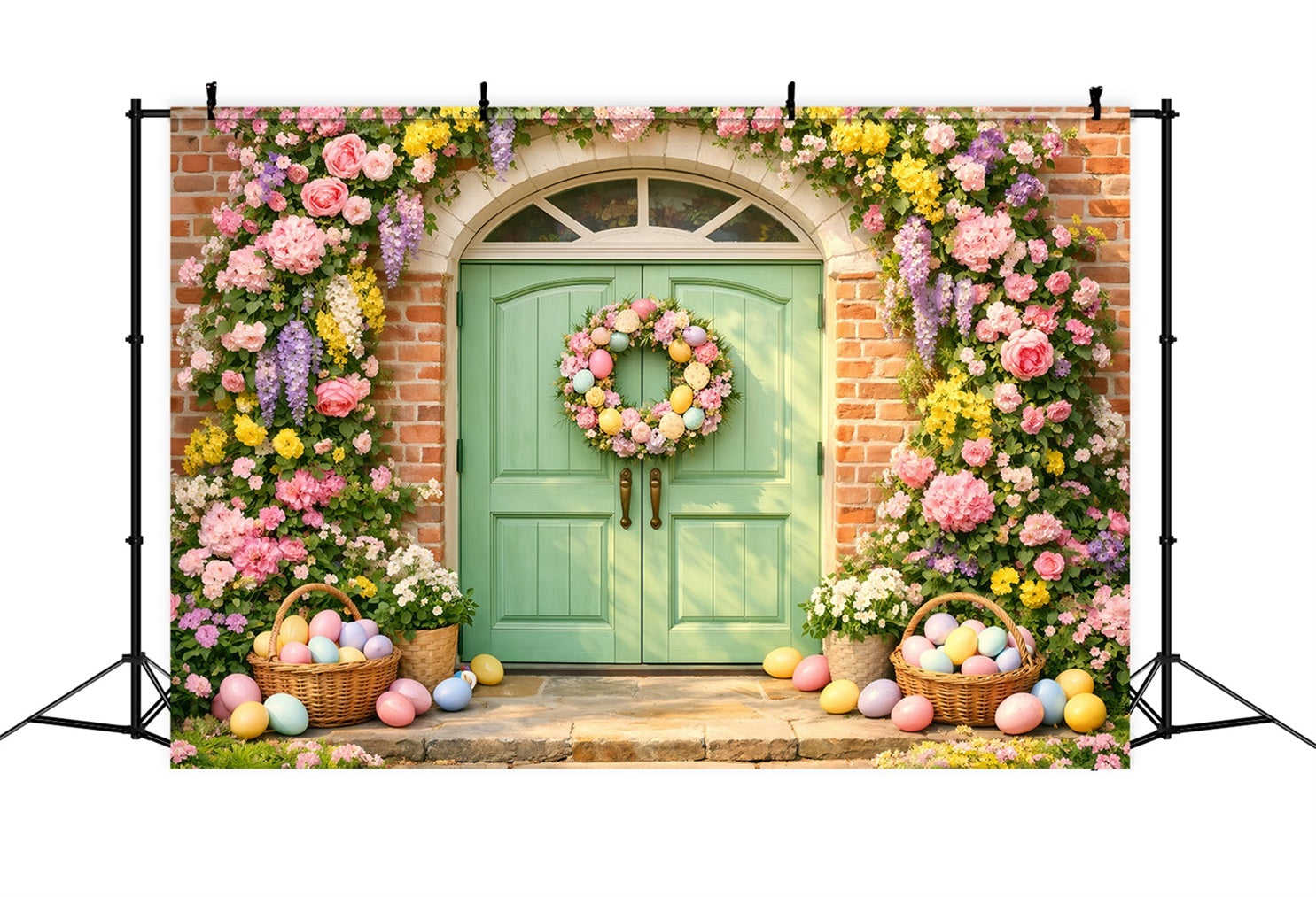 Easter Egg Backdrop Pastel Flower Door Egg Wreath 10x10 Easter Backdrops LXX61-37