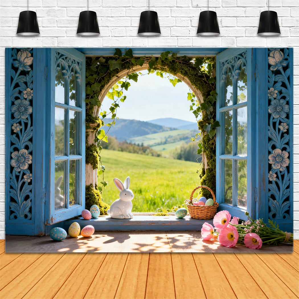 Bunny Photo Backdrop Sunlit Meadow Window Eggs Photo Booth Easter Backdrop Ideas LXX61-39