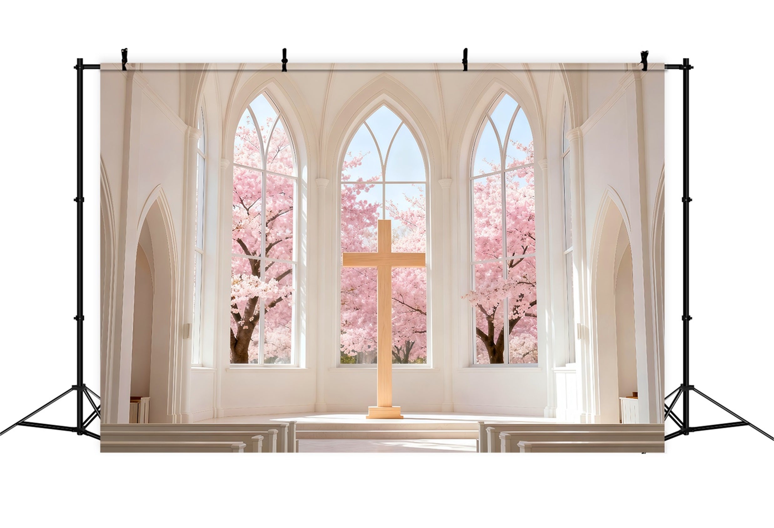 Church Easter Backdrop Cherry Blossom Chapel Cross Easy Easter Backdrops LXX61-46