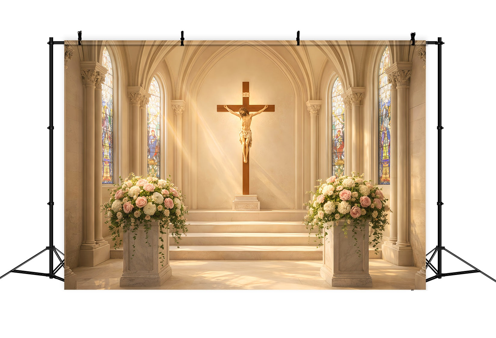 Church Easter Photo Backdrop Ideas Floral Crucifix Cathedral Light Backdrop Ideas For Easter LXX61-48