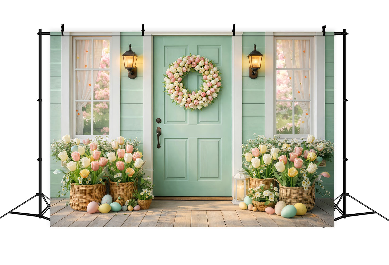 Easter Sunday Backdrops Mint Door Tulip Wreath Porch Photography Easter Photo Backdrop LXX61-56