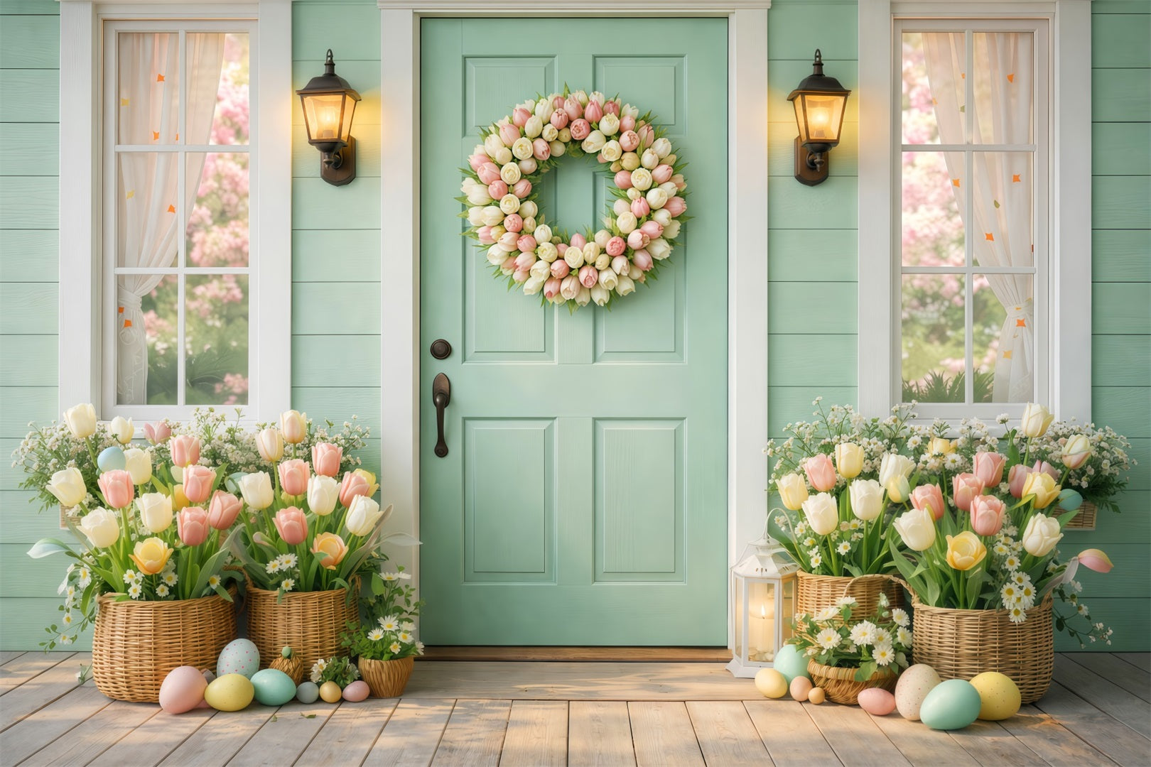 Easter Sunday Backdrops Mint Door Tulip Wreath Porch Photography Easter Photo Backdrop LXX61-56