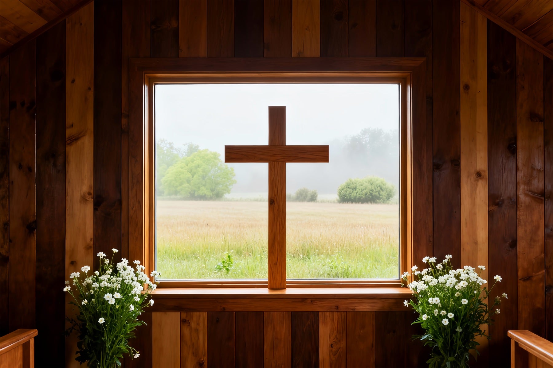 Easter Church Backdrops Rustic Wood Chapel Window Cross Large Easter Backdrop LXX61-58