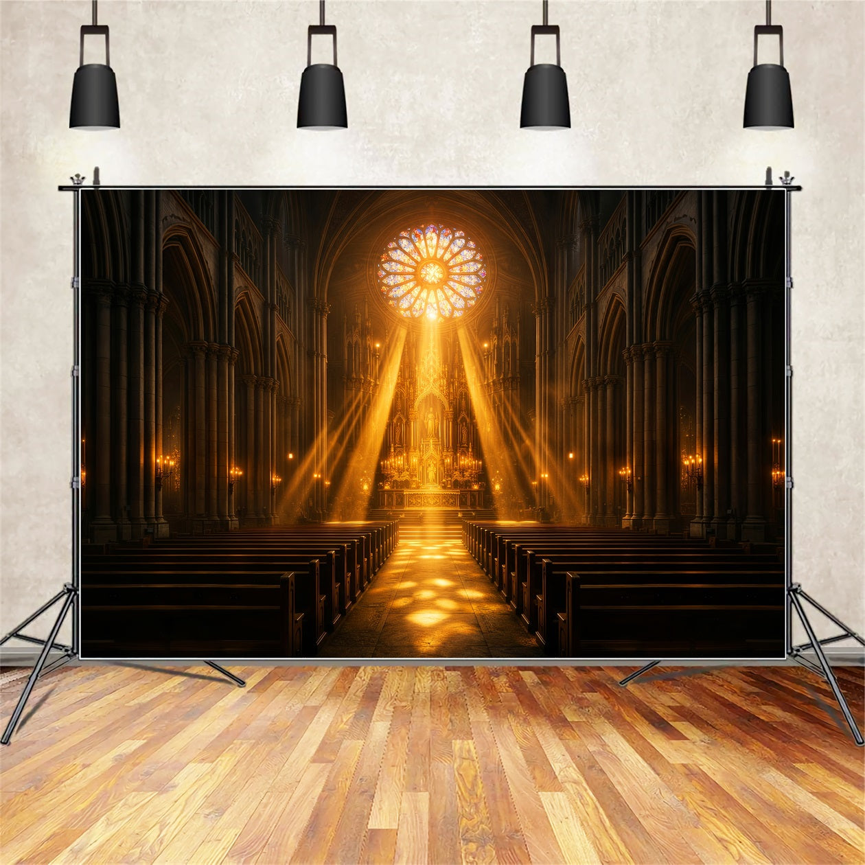 Easter Photo Backdrop Church Golden Cathedral Light Rays Simple Easter Photo Backdrop LXX61-61