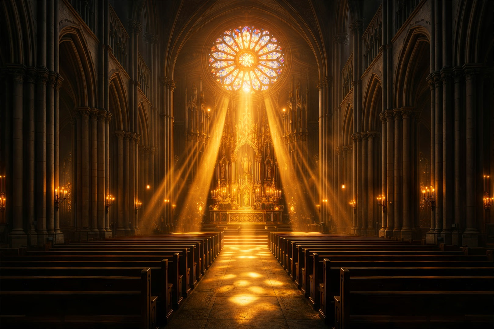 Easter Photo Backdrop Church Golden Cathedral Light Rays Simple Easter Photo Backdrop LXX61-61