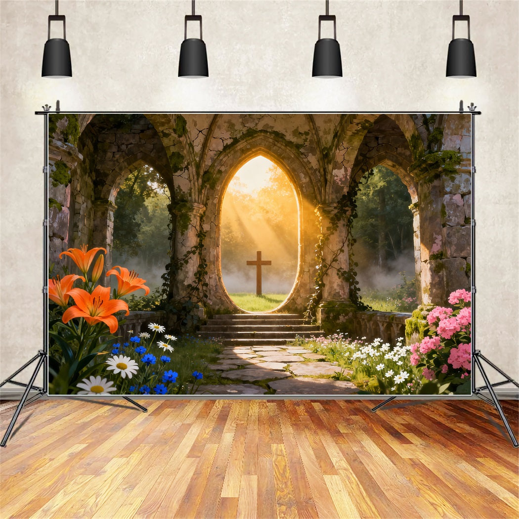 Church Easter Backdrop Ideas Sunlit Ruins Cross Garden Photography Easter Photo Backdrop LXX61-63