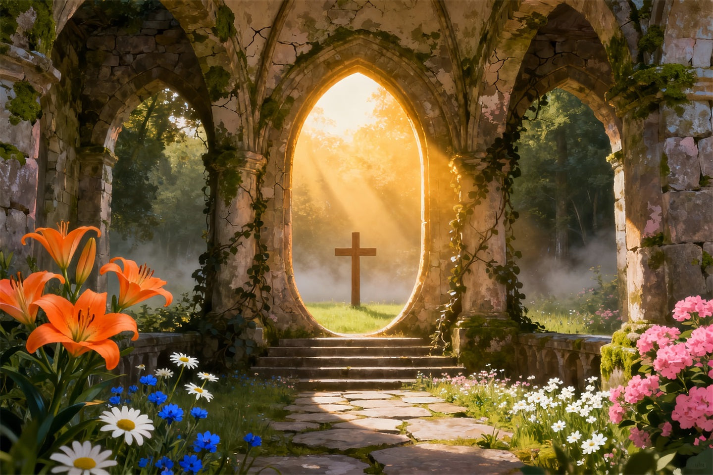 Church Easter Backdrop Ideas Sunlit Ruins Cross Garden Photography Easter Photo Backdrop LXX61-63