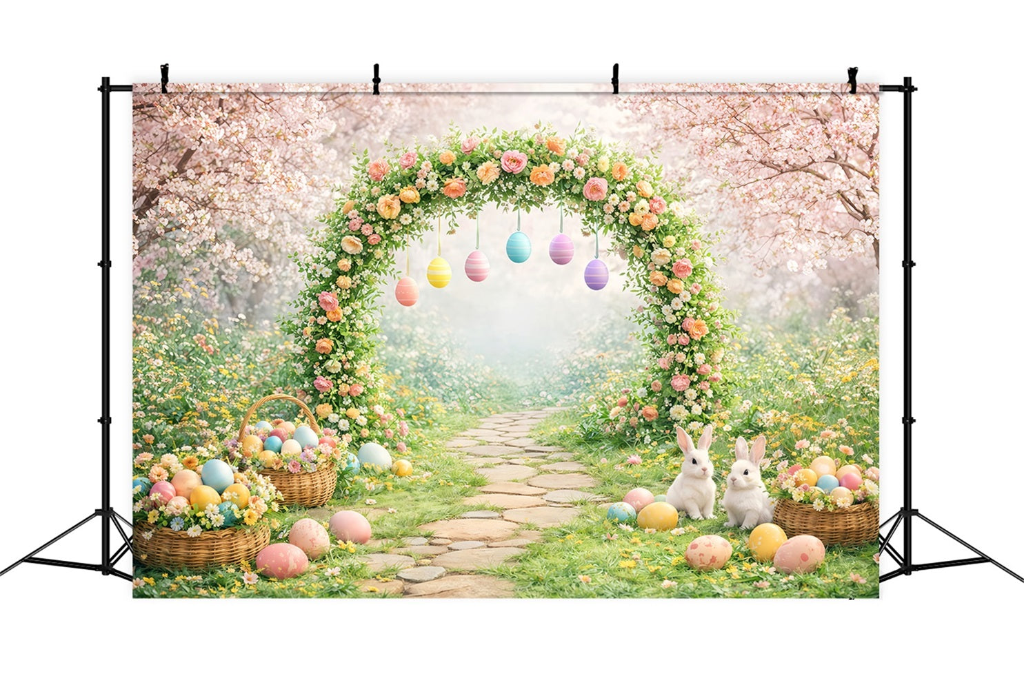 Easter Stage Backdrops Blooming Garden Arch Bunny Eggs Easter Backdrop Photoshoot LXX61-67