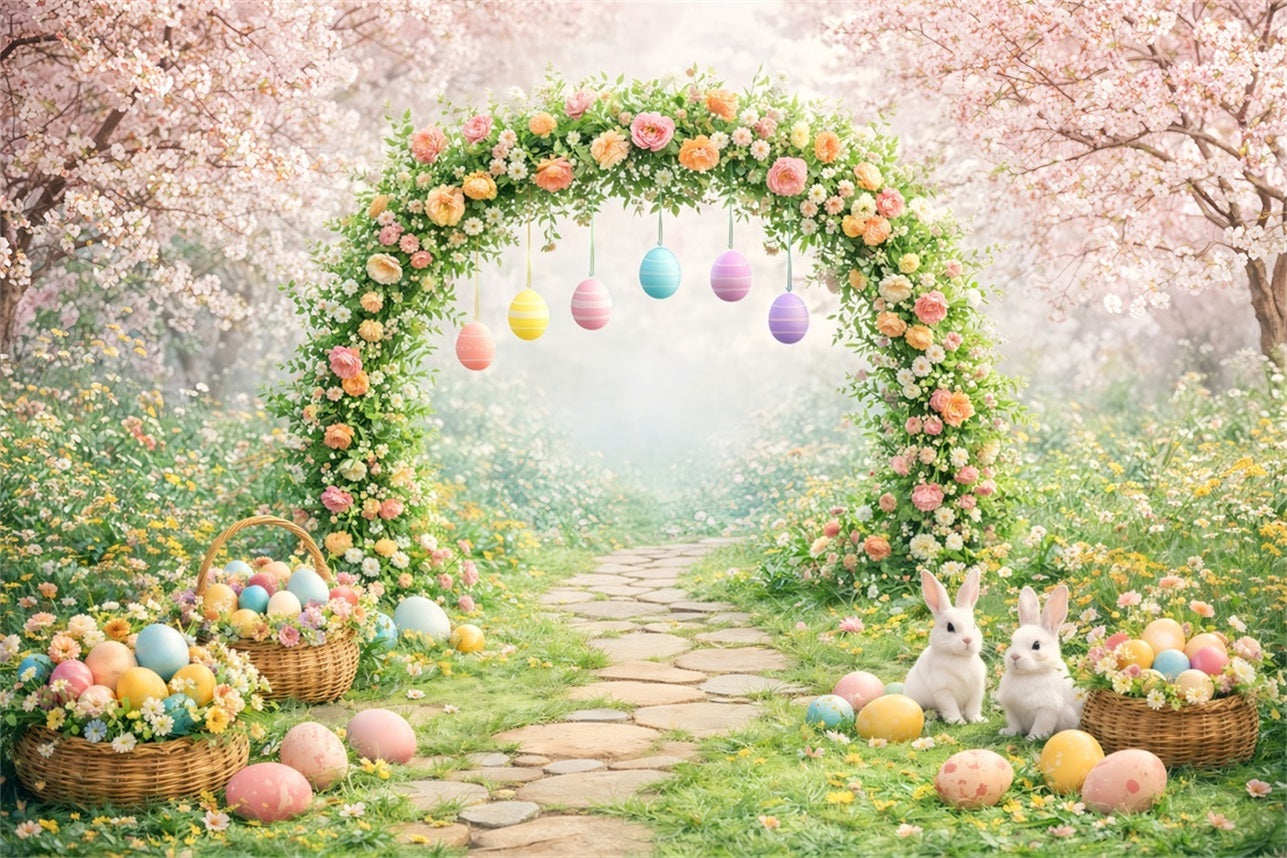 Easter Stage Backdrops Blooming Garden Arch Bunny Eggs Easter Backdrop Photoshoot LXX61-67