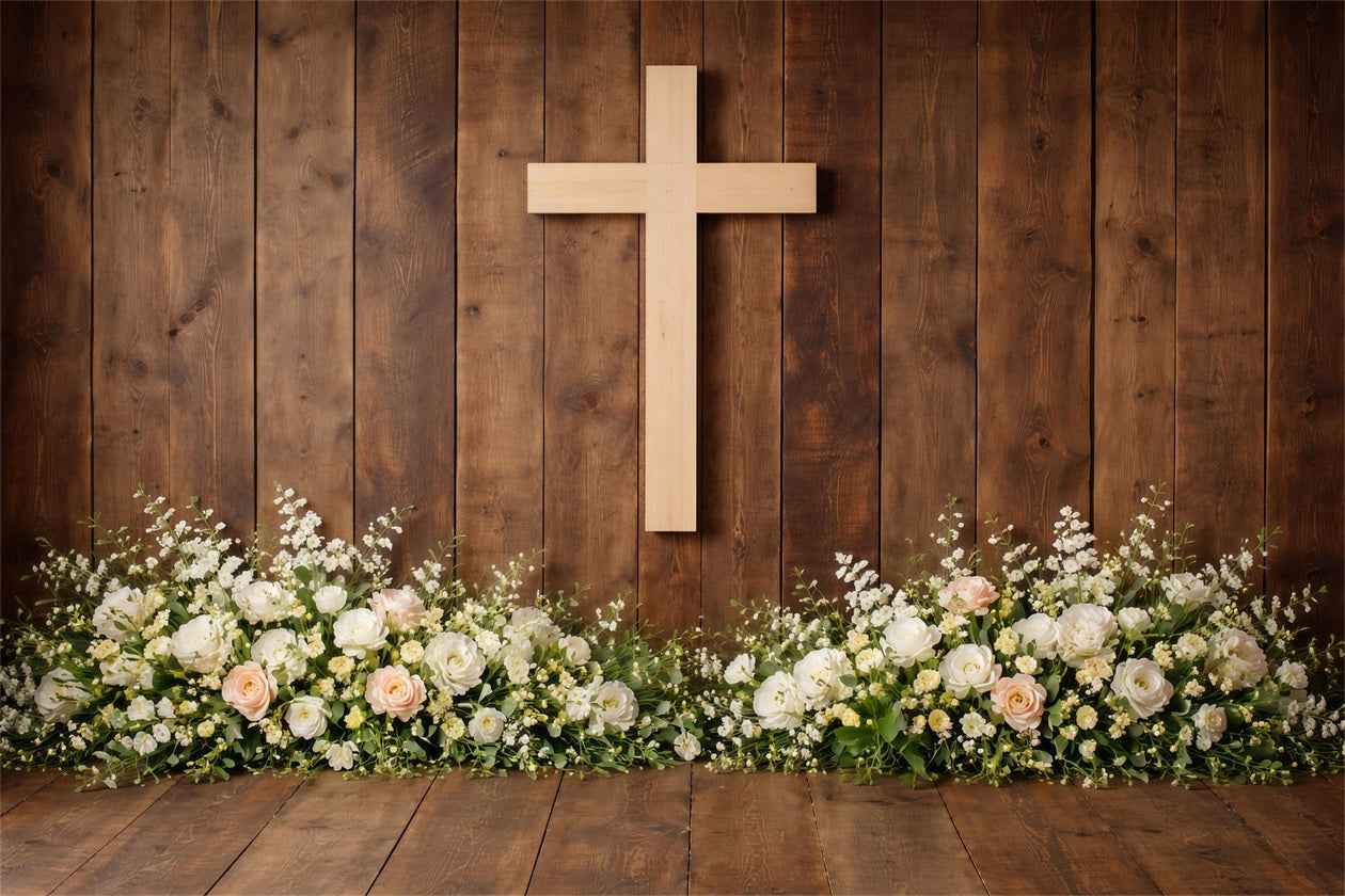 Religious Easter Backdrops Rustic Wooden Cross Floral Base Backdrops For Easter Plays LXX61-69