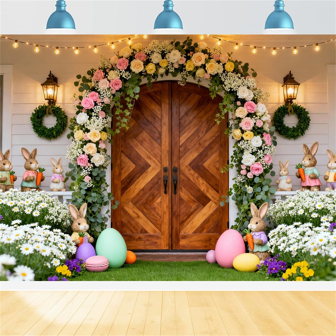 Easter Bunny Backdrops Pastel Floral Window Wreath Easter Backdrops Ideas LXX61-72