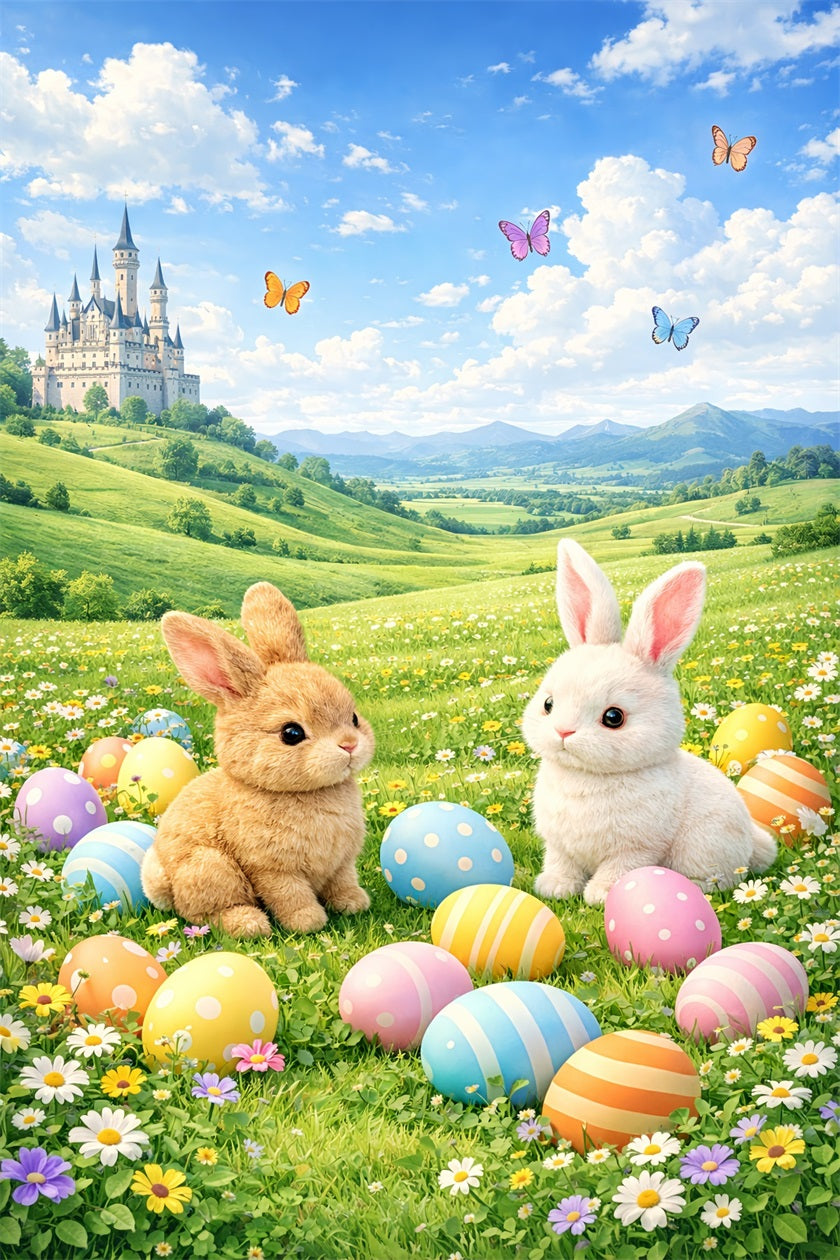 Easter Egg Backdrop Fairytale Meadow Castle Bunny 10x10 Easter Backdrop LXX61-76