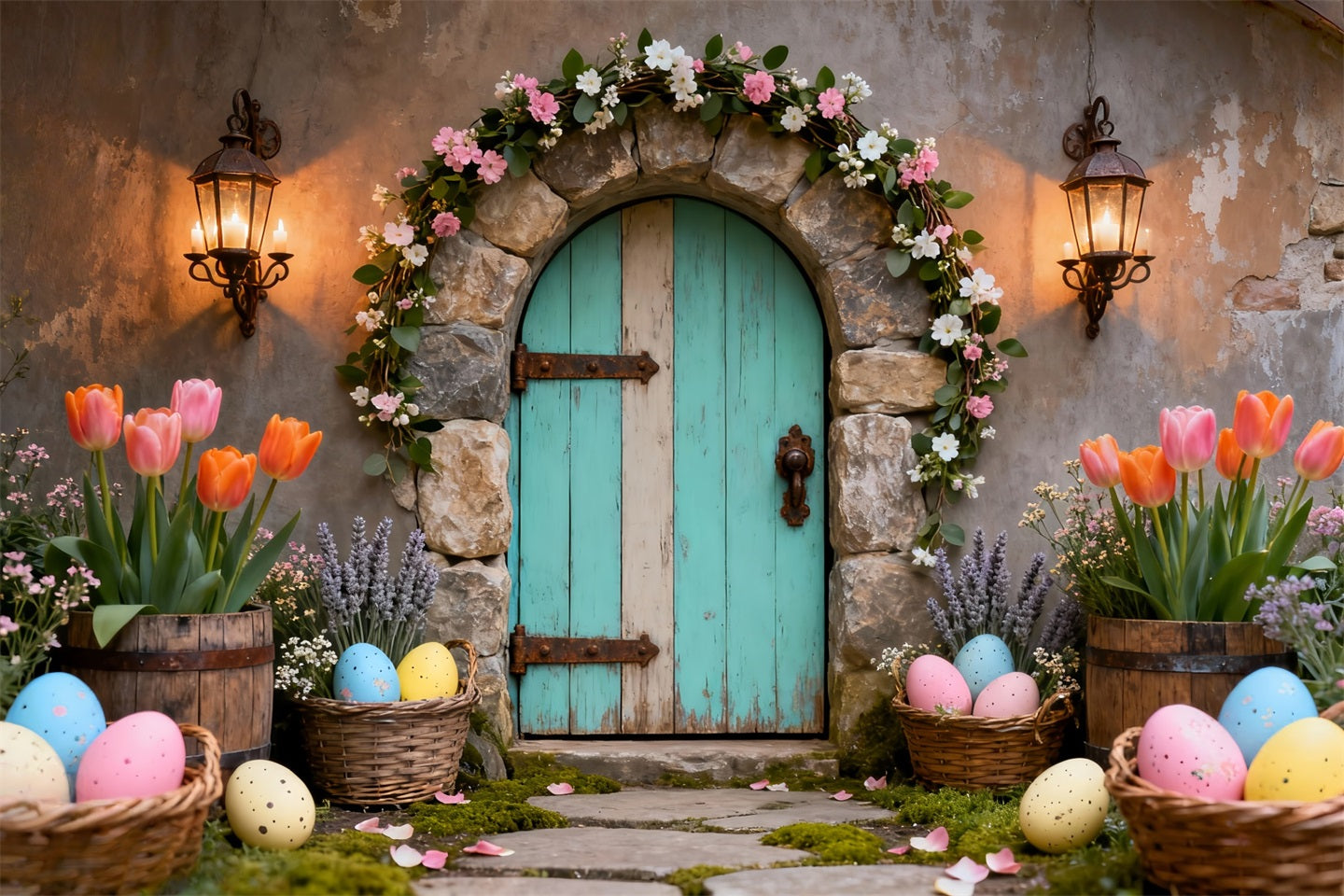 Easter Egg Photo Backdrop Turquoise Door Tulip Basket Easter Backdrops Photo LXX61-80