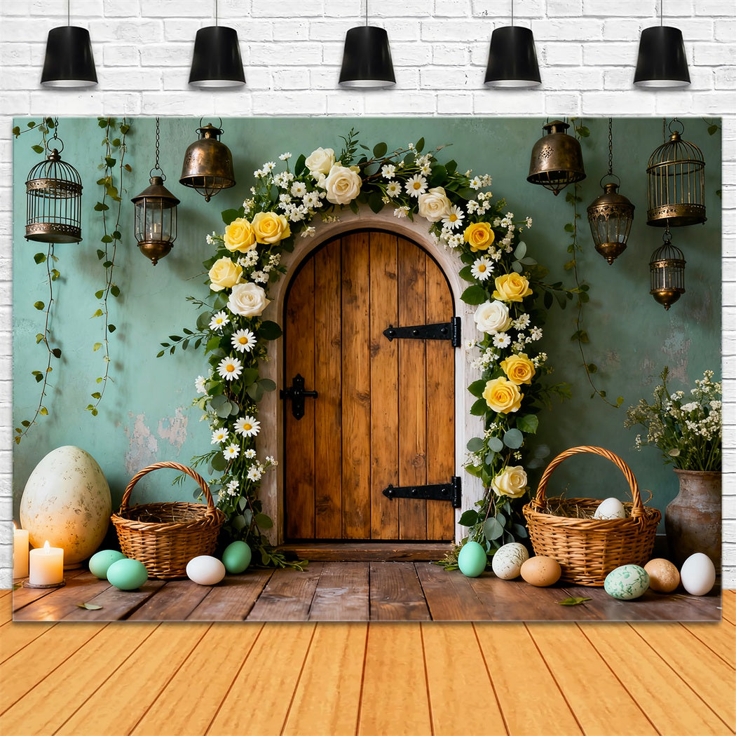 Easter Egg Photo Backdrop Wooden Door Floral Arch My First Easter Backdrop LXX61-82