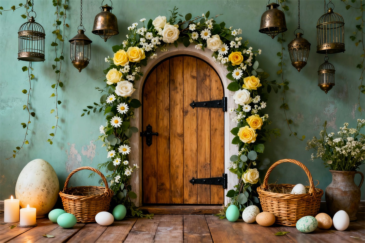 Easter Egg Photo Backdrop Wooden Door Floral Arch My First Easter Backdrop LXX61-82