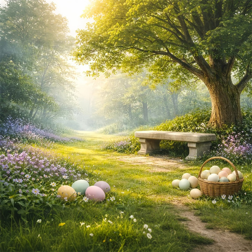 Rustic Easter Backdrop Sunlit Forest Meadow Bench Outdoor Easter Backdrops LXX61-83