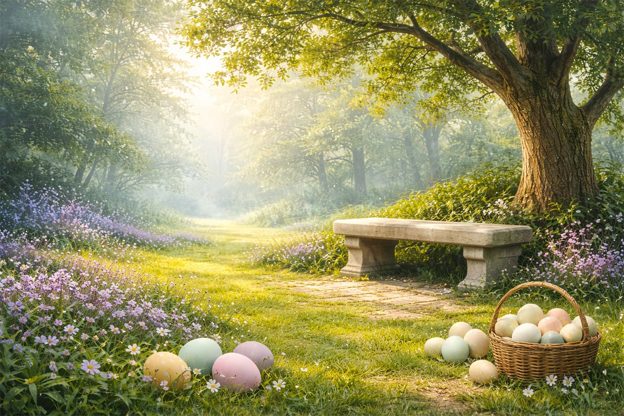 Rustic Easter Backdrop Sunlit Forest Meadow Bench Outdoor Easter Backdrops LXX61-83