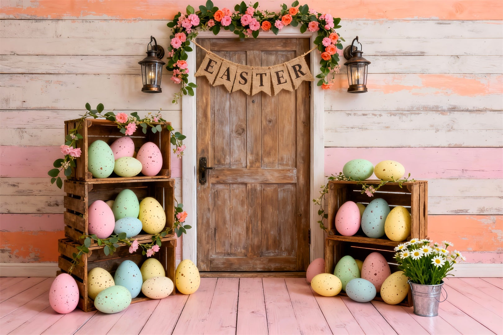 Easter Eggs Backdrop Pastel Crate Wooden Door Easter Party Backdrop LXX61-84