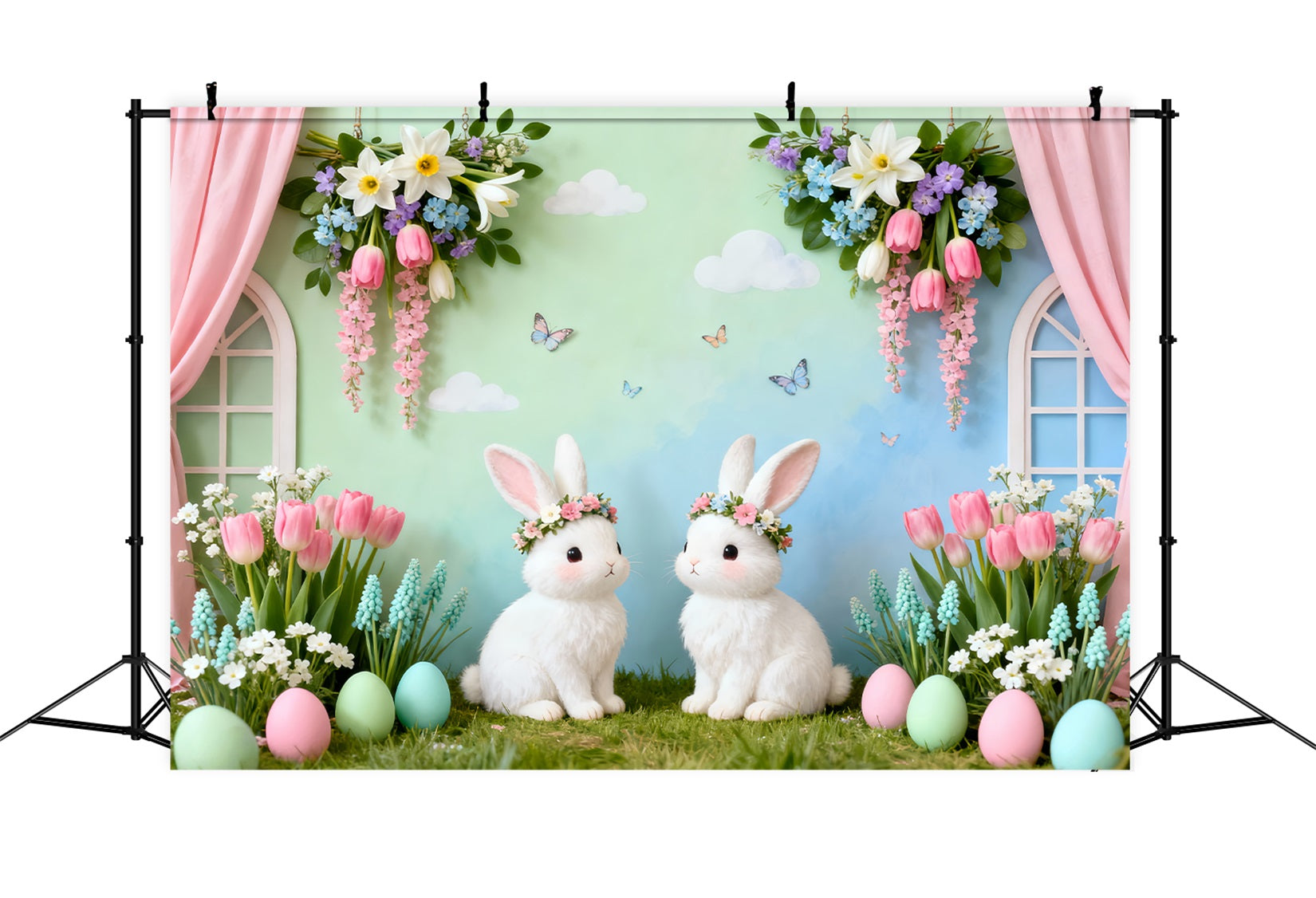 Rabbit Backdrop Twin Bunnies Floral Garden Easter Backdrops LXX61-94