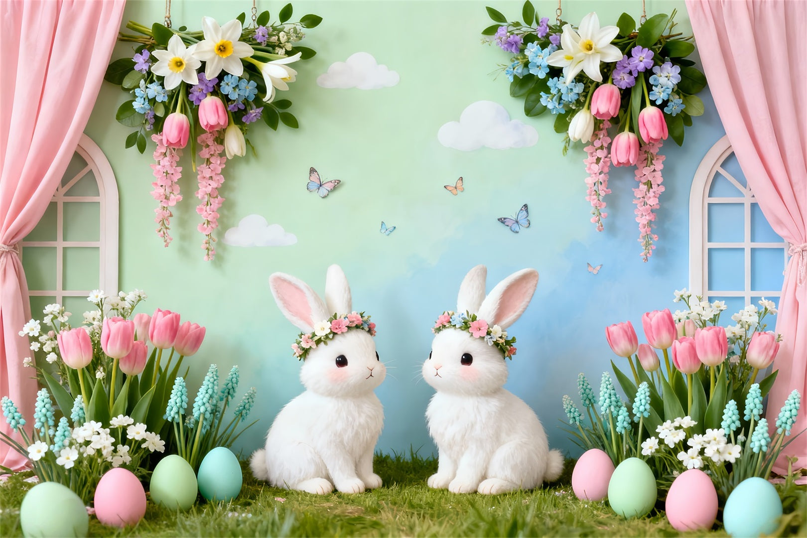 Rabbit Backdrop Twin Bunnies Floral Garden Easter Backdrops LXX61-94