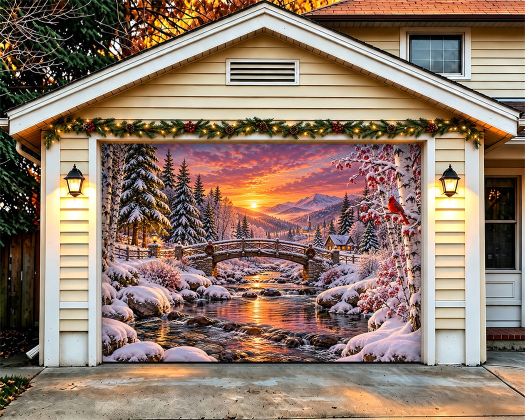 Snow Forest Christmas Garage Door Cover Wonderland Sunset Bridge Christmas Garage Door Cover LXX610-10-1 Car