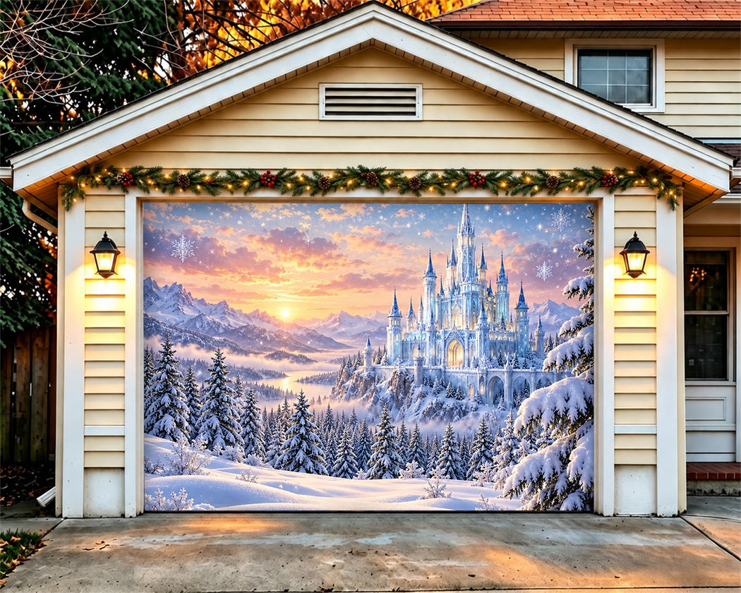 Winter Wonderland Christmas Garage Door Cover Ice Castle Snowfall Christmas Garage Door Cover LXX610-109-1 Car