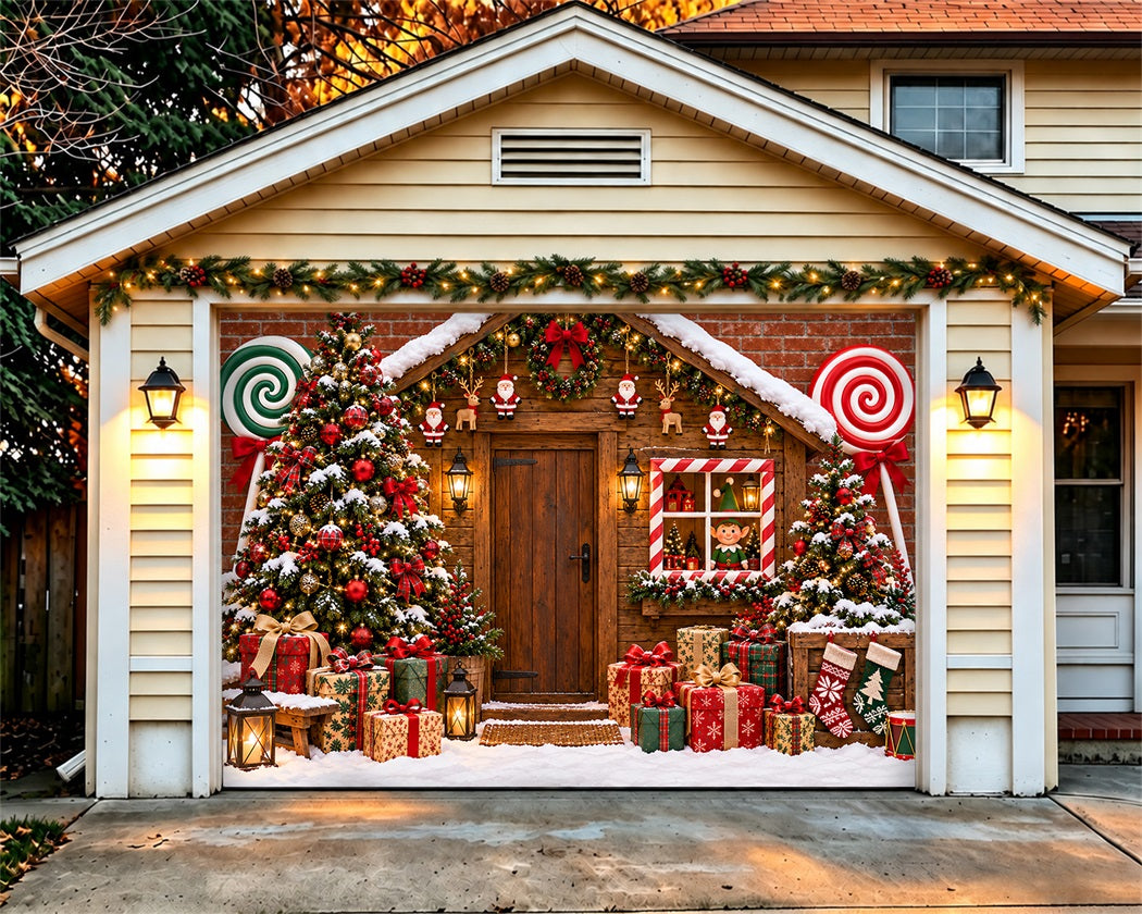 House Christmas Garage Door Cover Rustic Cabin Candy Christmas Garage Door Banner LXX610-112-1 Car