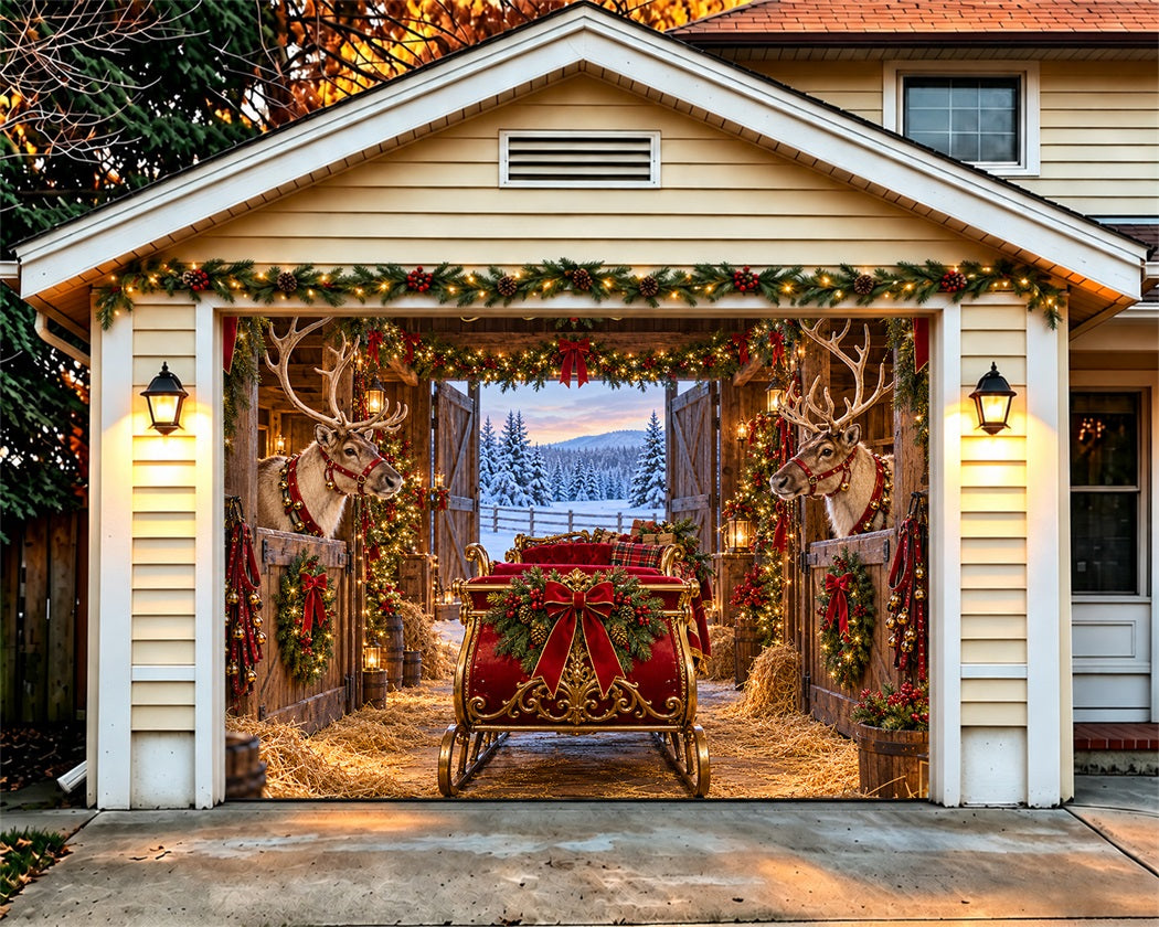 Barn Christmas Garage Door Banner Holiday Reindeer Sleigh Christmas Garage Door Decoration LXX610-119-1 Car