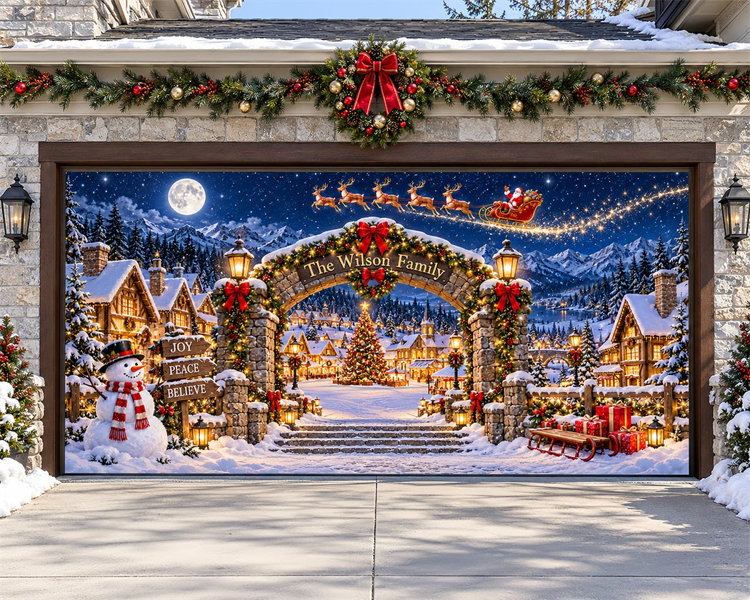 Snow Village Christmas Garage Door Cover Moonlit Wilson Gateway Christmas Holiday Garage Door Cover LXX610-124-2 Car