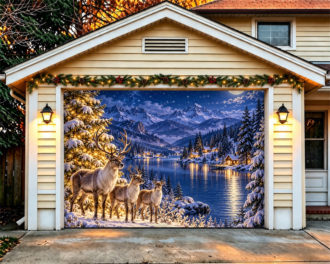 Winter Christmas Garage Door Cover Moonlit Reindeer Lakeside Outdoor Christmas Garage Door Decoration LXX610-131-1 Car