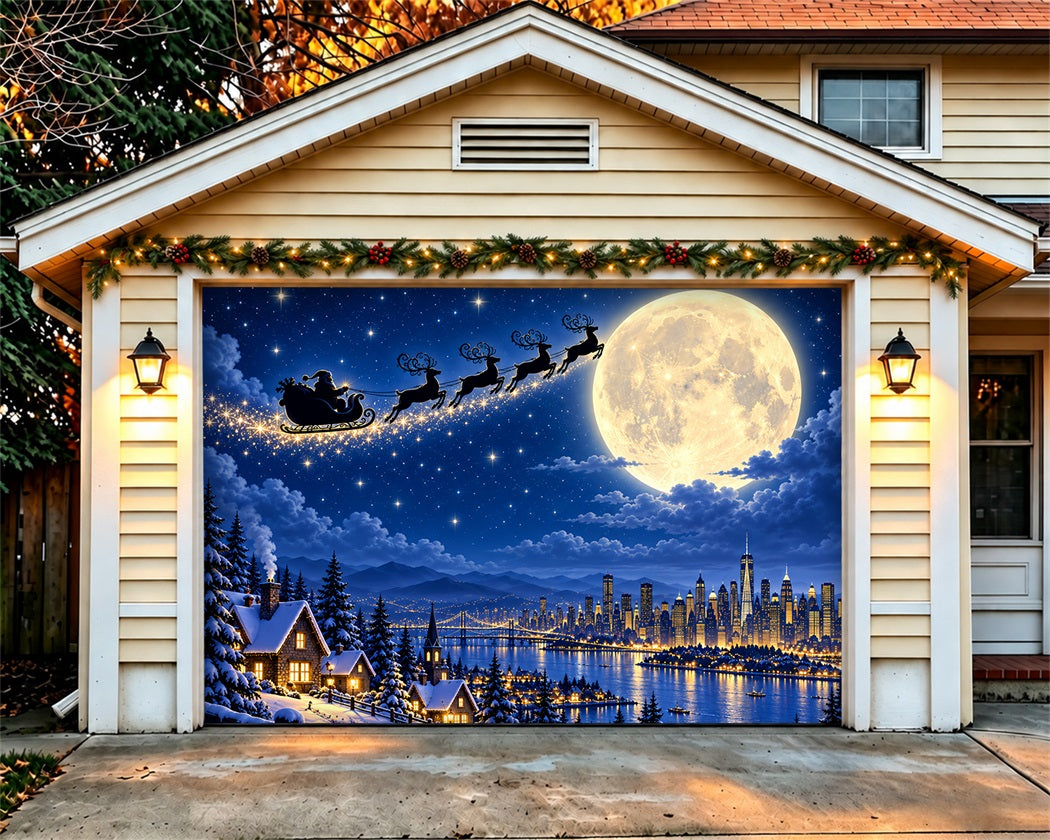 Reindeer Christmas Garage Door Cover Santa Sleigh Skyline Christmas Garage Door Decoration LXX610-137-1 Car