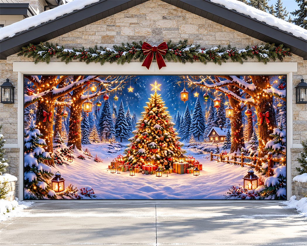 Christmas Tree Garage Door Cover Snowy Lantern Forest Christmas Holiday Garage Door Cover LXX610-142-2 Car