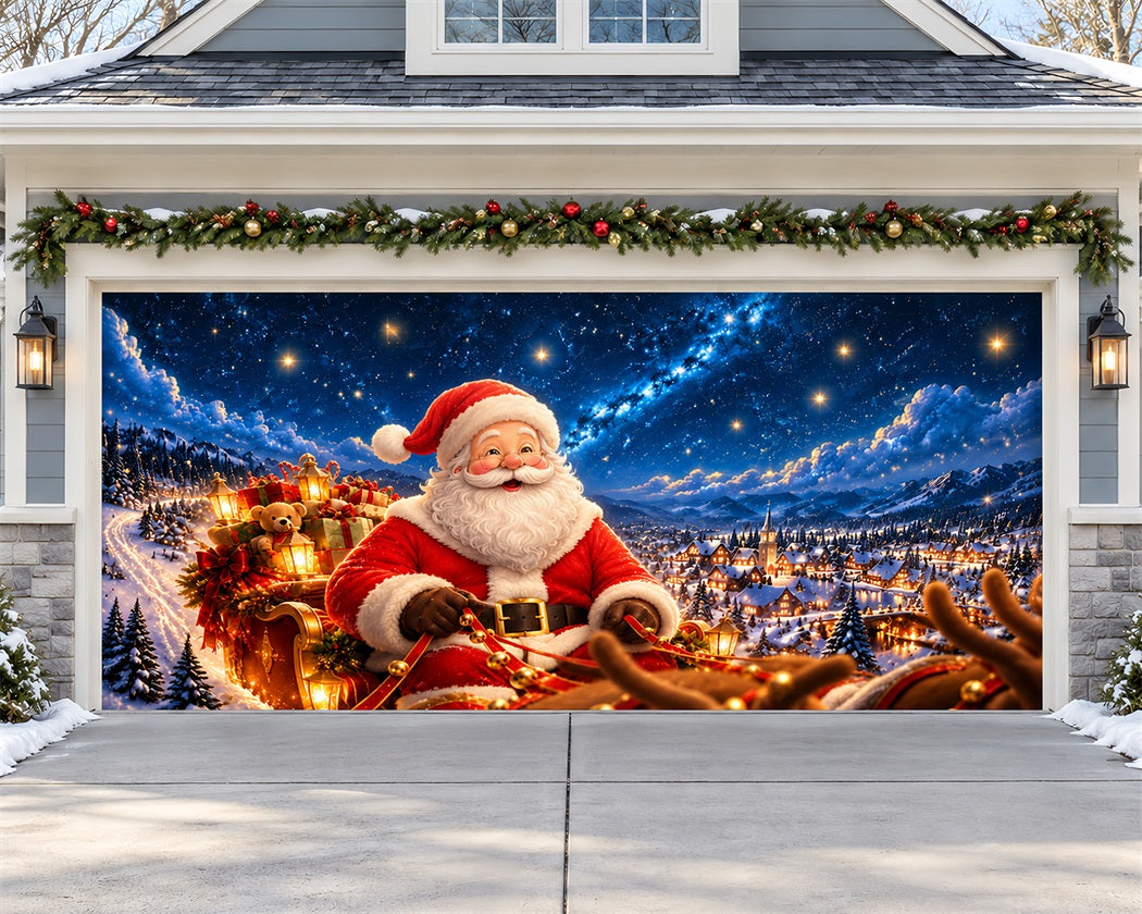 Santa Claus Christmas Garage Door Cover Sleigh Starlight Village Christmas Garage Door Decor LXX610-147-2 Car