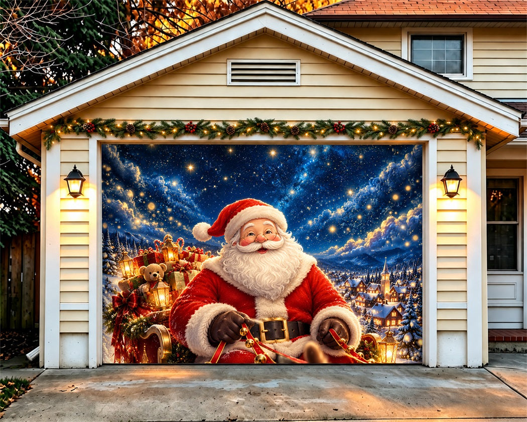 Santa Claus Christmas Garage Door Cover Sleigh Starlight Village Christmas Garage Door Decor LXX610-147-1 Car