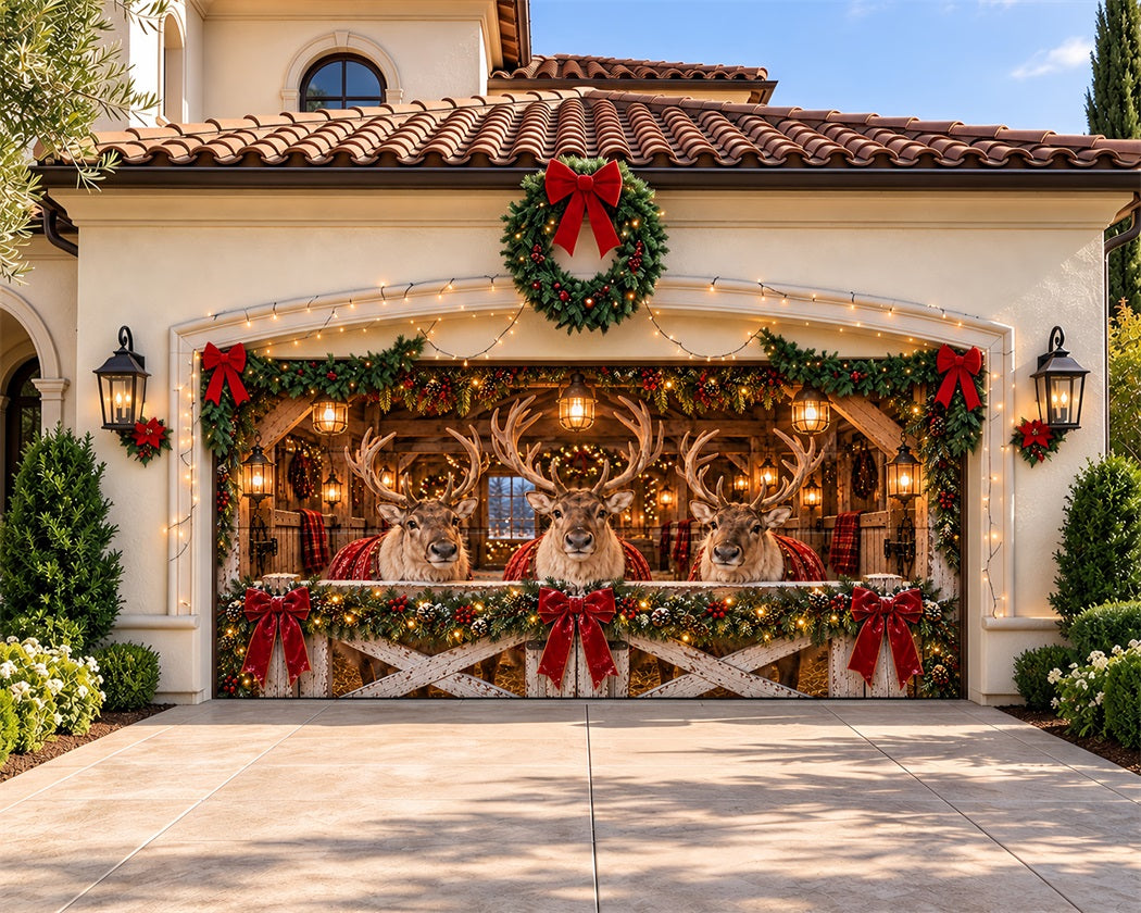 Reindeer Christmas Garage Door Cover Barn Bow Portrait Christmas Outdoor Garage Door Cover LXX610-15-2 Car