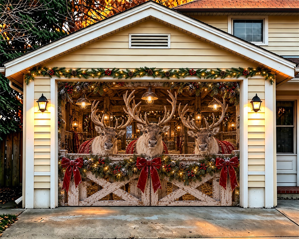 Reindeer Christmas Garage Door Cover Barn Bow Portrait Christmas Outdoor Garage Door Cover LXX610-15-1 Car