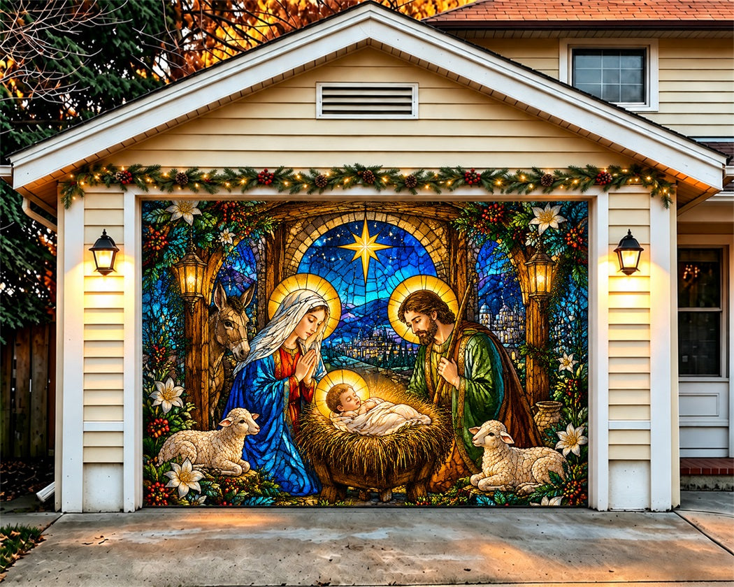 Nativity Christmas Garage Door Cover Bethlehem Stained Glass Christmas Garage Door Cover LXX610-150-1 Car