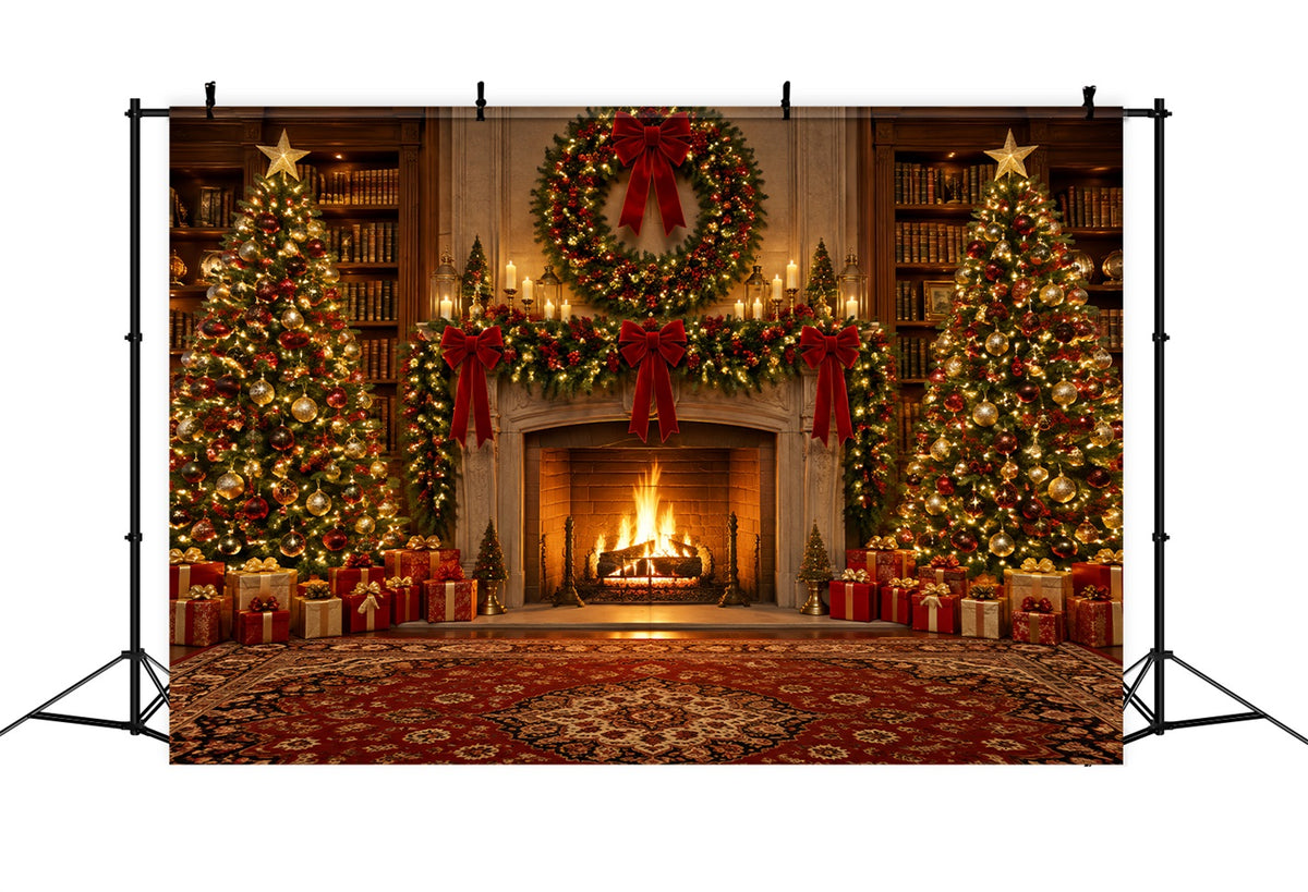 Christmas Backdrops for Photography Ornate Library Fireplace Wreath Christmas Fireplace Backdrop LXX610-151