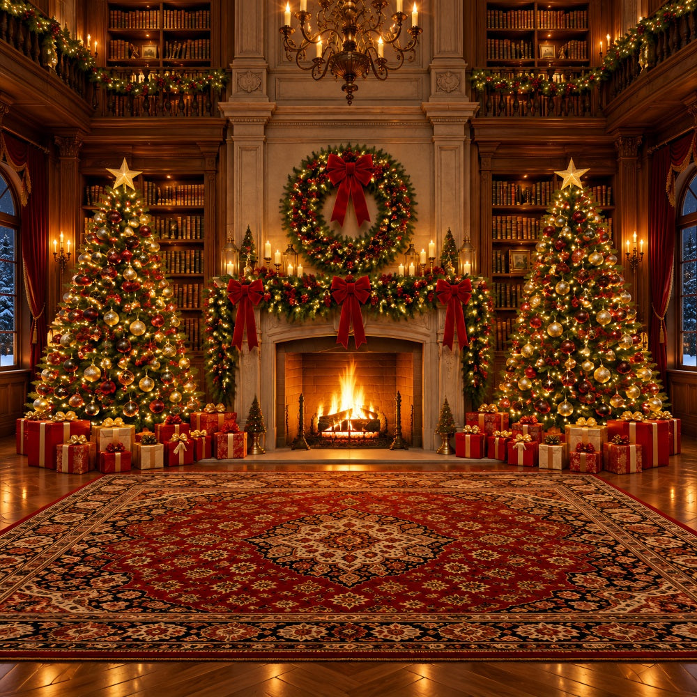 Christmas Backdrops for Photography Ornate Library Fireplace Wreath Christmas Fireplace Backdrop LXX610-151