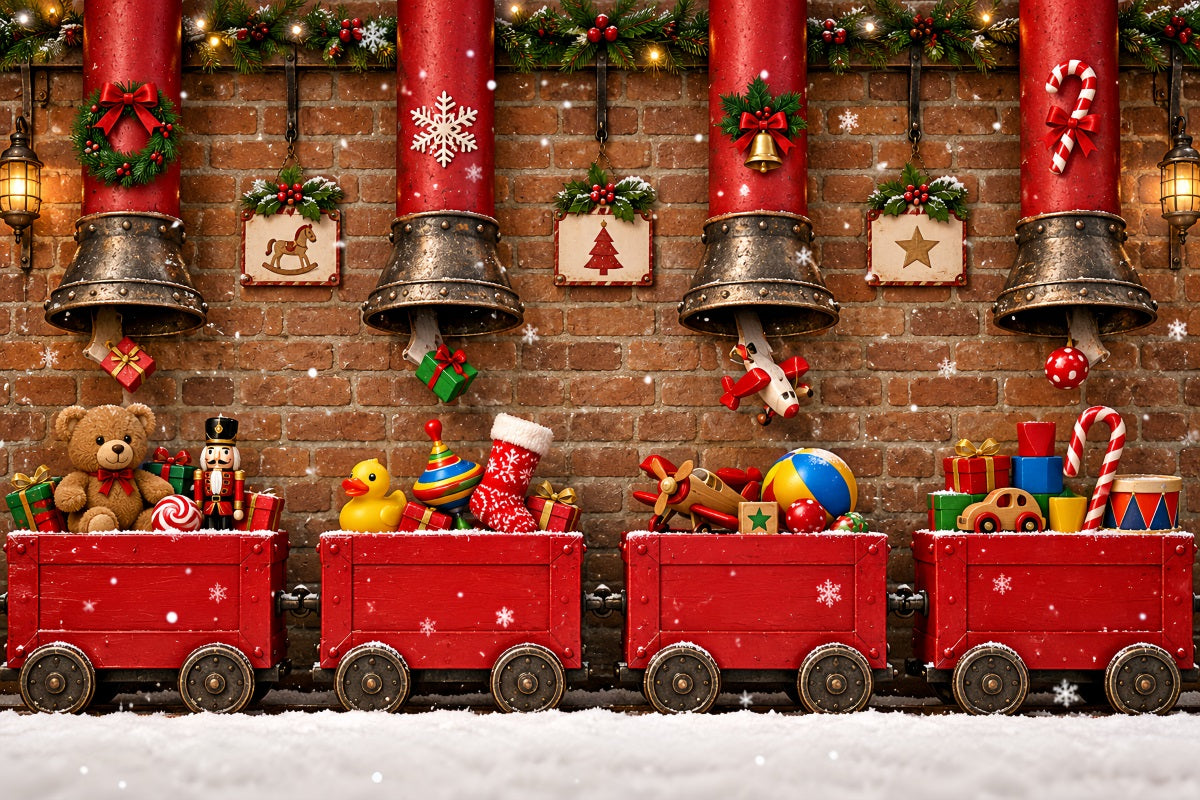 Christmas Backdrop Toy Train Hanging Bells Christmas Backdrops Photography LXX610-152