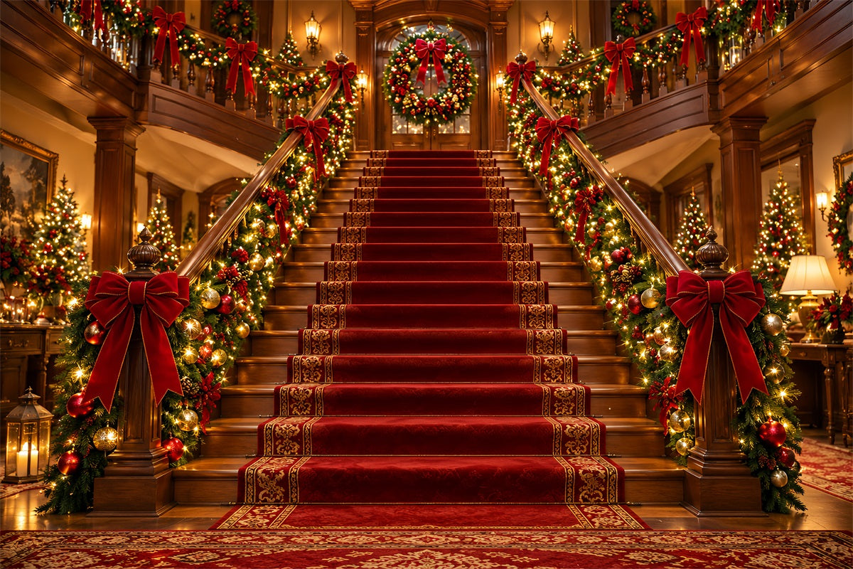 Christmas Scene Backdrop Grand Garland Hall Entrance Christmas Staircase Backdrop LXX610-155
