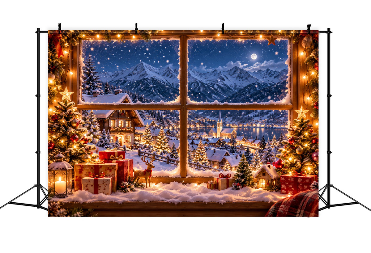 Winter Christmas Backdrop Snowy Alpine House Window Christmas Village Backdrops LXX610-157