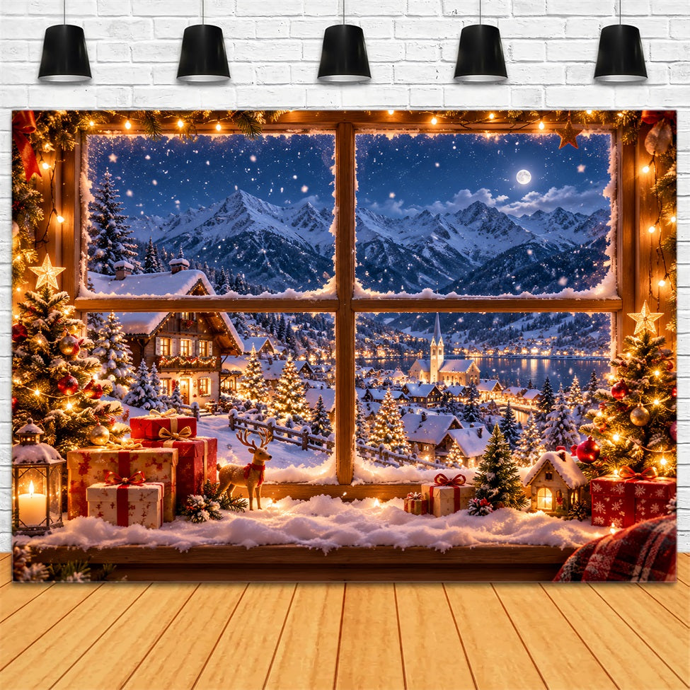 Winter Christmas Backdrop Snowy Alpine House Window Christmas Village Backdrops LXX610-157