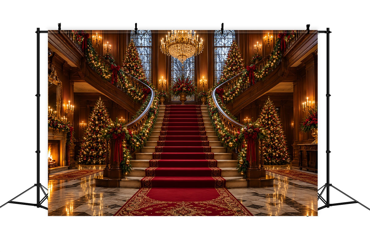 Living Room Christmas Backdrop Majestic Chandelier Staircase Hall Christmas Wall Backdrop LXX610-158