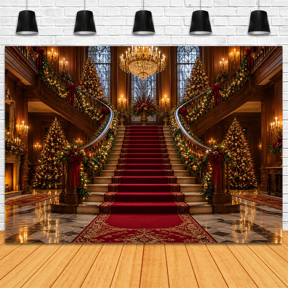 Living Room Christmas Backdrop Majestic Chandelier Staircase Hall Christmas Wall Backdrop LXX610-158