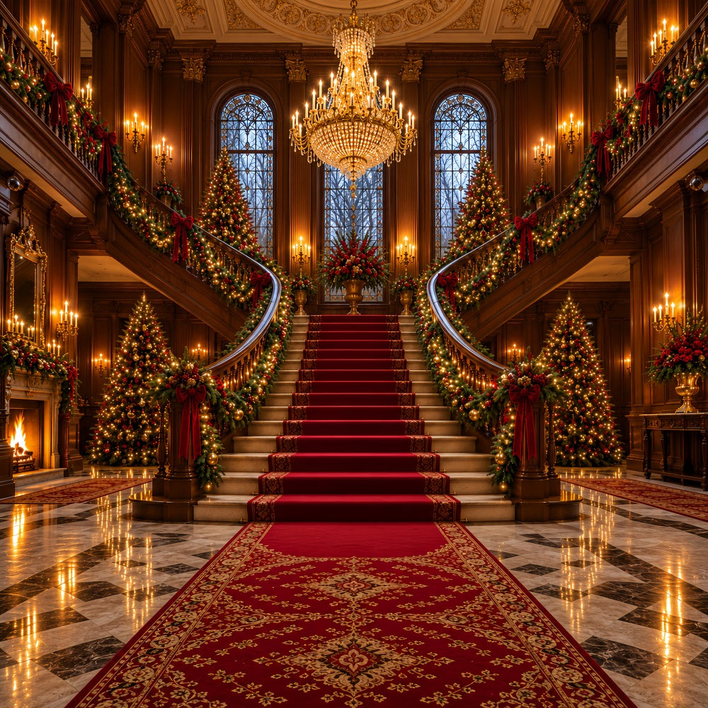 Living Room Christmas Backdrop Majestic Chandelier Staircase Hall Christmas Wall Backdrop LXX610-158
