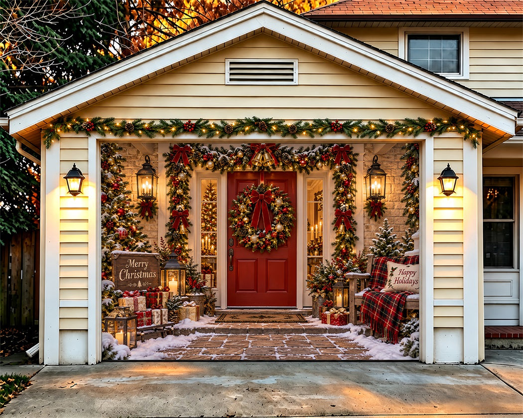 House Christmas Garage Door Cover Festive Wreath Entryway Christmas Holiday Garage Door Cover LXX610-16-1 Car