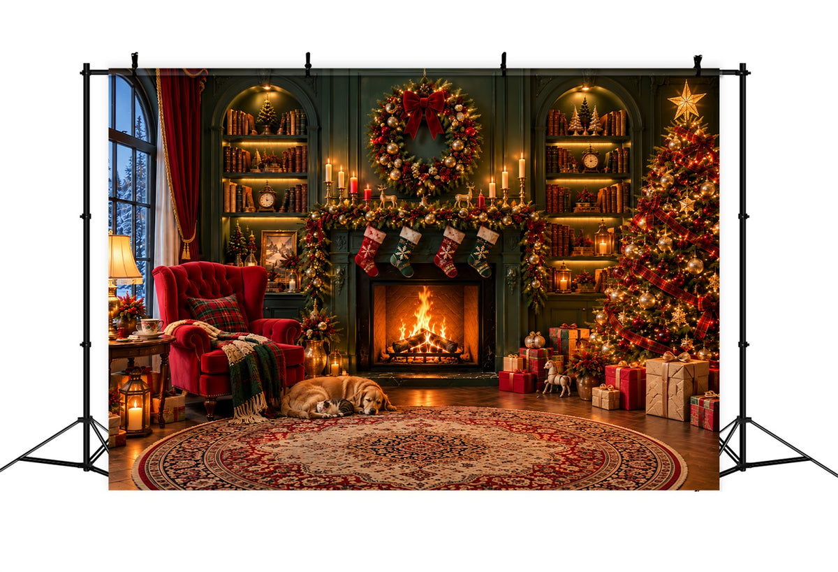 Christmas Fireplace Backdrops Cozy Living Room Emerald Wall Christmas Scene Backdrop LXX610-160