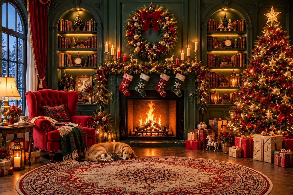 Christmas Fireplace Backdrops Cozy Living Room Emerald Wall Christmas Scene Backdrop LXX610-160
